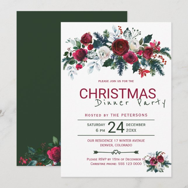 Rustic Burgundy Green Christmas Dinner Party Einladung (Vorne/Hinten)