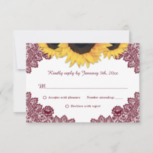 Rustic Burgundy Lace Sunflower Wedding RSVP Cards