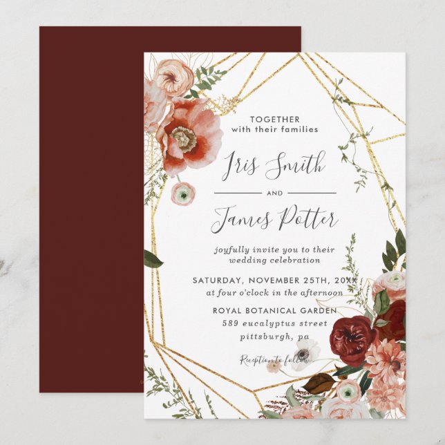 Rustic Burgundy Marsala Blush Bloral Wedding Einladung (Vorne/Hinten)