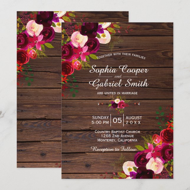 Rustic Burgundy Marsala Floral | Barn Wood Wedding Einladung (Vorne/Hinten)
