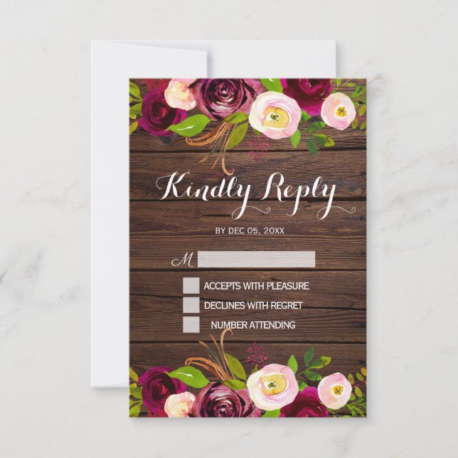 Rustic Burgundy Marsala Floral | Barn Wood Wedding RSVP Karte (Vorderseite)