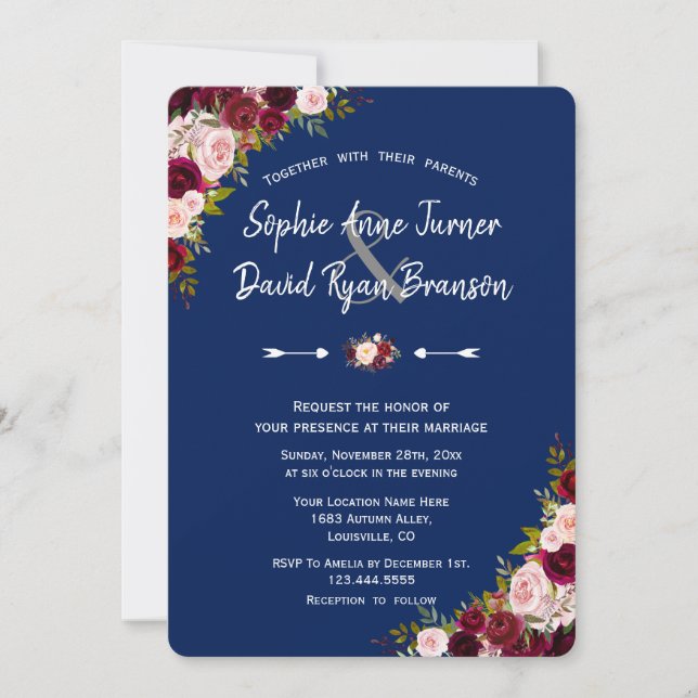 Rustic Burgundy Marsala Floral Handwriting Wedding Einladung (Vorderseite)