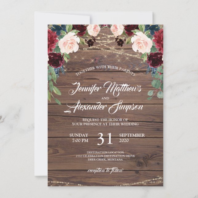 Rustic Burgundy Marsala Floral Wedding Einladung (Vorderseite)