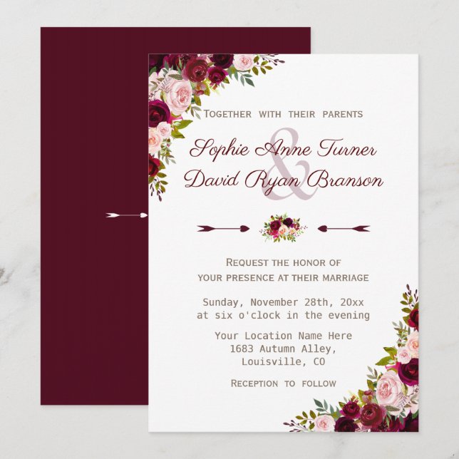 Rustic Burgundy Marsala Floral Wedding Einladung (Vorne/Hinten)
