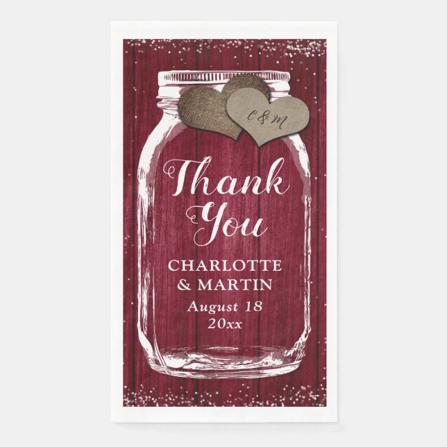 Rustic Burgundy Mason Jar Wood Vielen Dank für Ihr Serviette (Vorderseite)