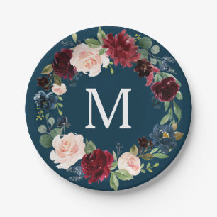 Rustic Burgundy Monogram Brautparty Paper Plate Pappteller