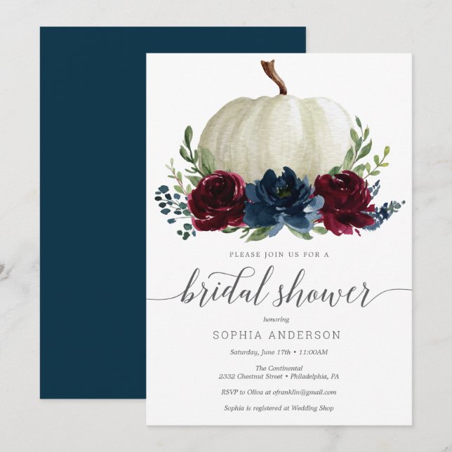 Rustic Burgundy Navy Pumpkin Brautparty laden ein Einladung (Vorne/Hinten)