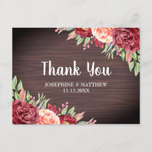 Rustic Burgundy Peach Floral Wedding Vielen Dank Postkarte