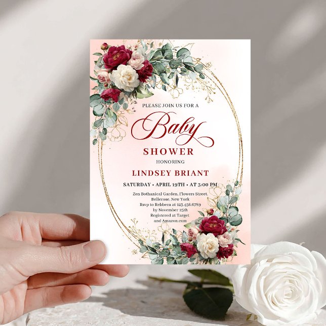 Rustic Burgundy Peony Gold Baby Shower Invite Einladung (Rustic Burgundy Peony Gold Baby Shower Invite)