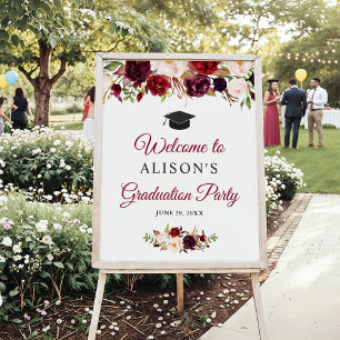 Rustic Burgundy Red Floral Graduation Party Sign Poster