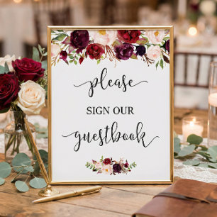 Rustic Burgundy Red Floral Guestbook Wedding Sign Poster