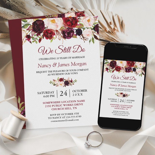 Rustic Burgundy Red Floral Wedding Vow Erneuerung Einladung (Von Creator hochgeladen)