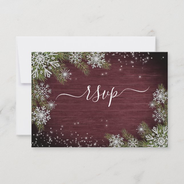 Rustic Burgundy Silver Winter Wood Wedding RSVP Karte (Vorderseite)
