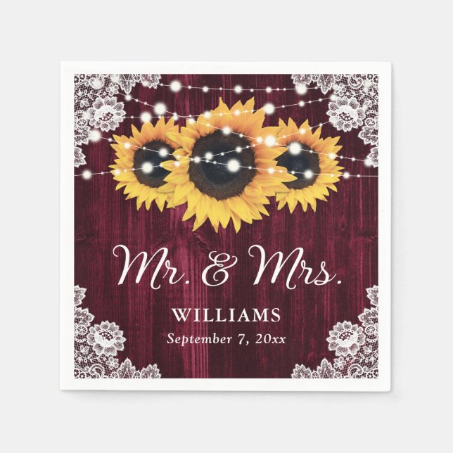 Rustic Burgundy Sonnenblume Mr. and Mrs. Wedding Serviette (Vorderseite)