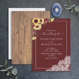 Rustic Burgundy Sunflower Wood Script Wedding Einladung