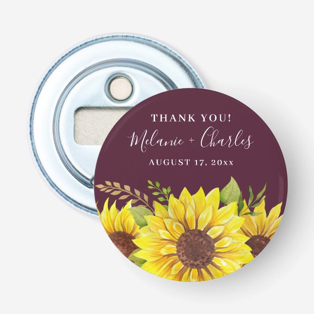 Rustic Burgundy Vielen Dank Sunflower Couple Names Flaschenöffner (Vorderseite)