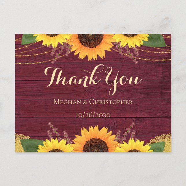 Rustic Burgundy Wood Sunflower Wedding Vielen Dank Postkarte (Vorderseite)