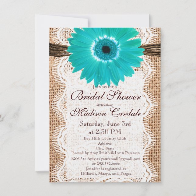 Rustic Burlap Aquamarin Daisy Bridal Dusche Einlad Einladung (Vorderseite)