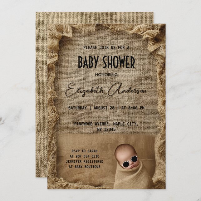 Rustic Burlap Baby Dusche Einladung (Vorne/Hinten)