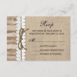 Rustic Burlap Barn Wood Twine Wedding RSVP Card Karte