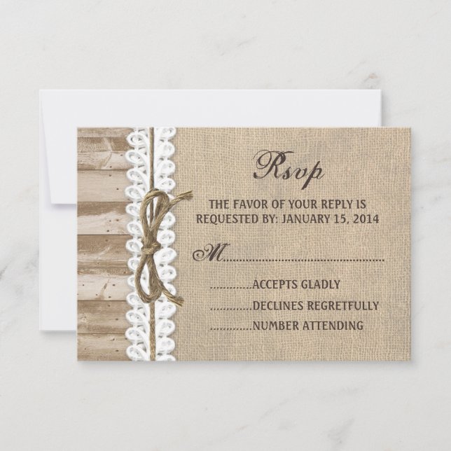 Rustic Burlap Barn Wood Twine Wedding RSVP Card Karte (Vorderseite)