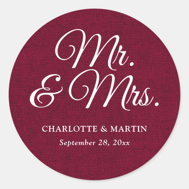 Rustic Burlap Burgundy Red Mr. und Mrs. Wedding Runder Aufkleber (Vorderseite)