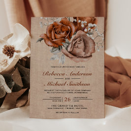 Rustic Burlap Burnt Orange Rose Terracotta Wedding Einladung