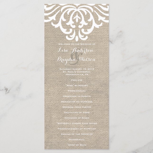 Rustic Burlap Damask Programme de mariage vintage (Devant)