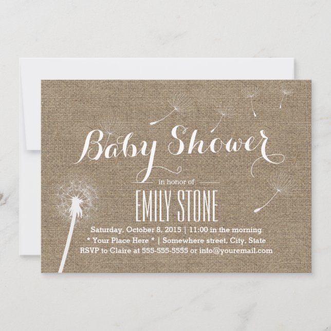 Rustic Burlap Dandelion Baby Shower Einladungen (Vorderseite)