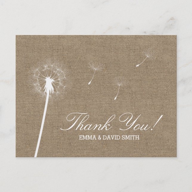 Rustic Burlap Dandelion Blown Vielen Dank Postkarte (Vorderseite)