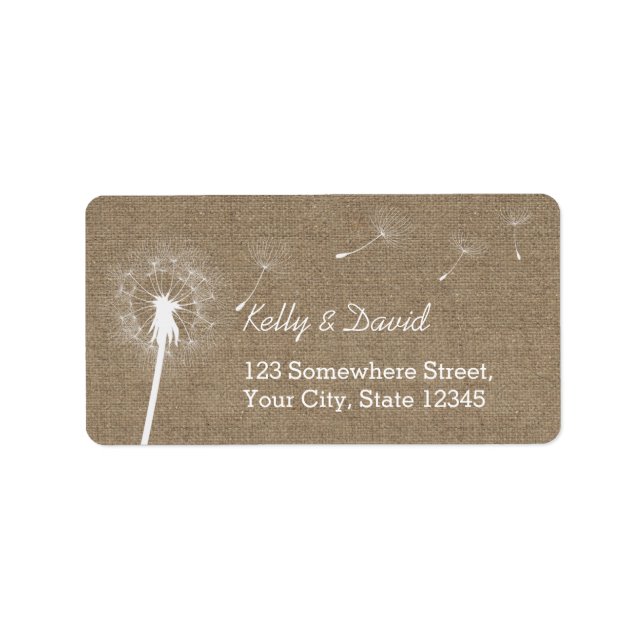 Rustic Burlap Dandelion Vintage Wedding Adressaufkleber (Vorne)