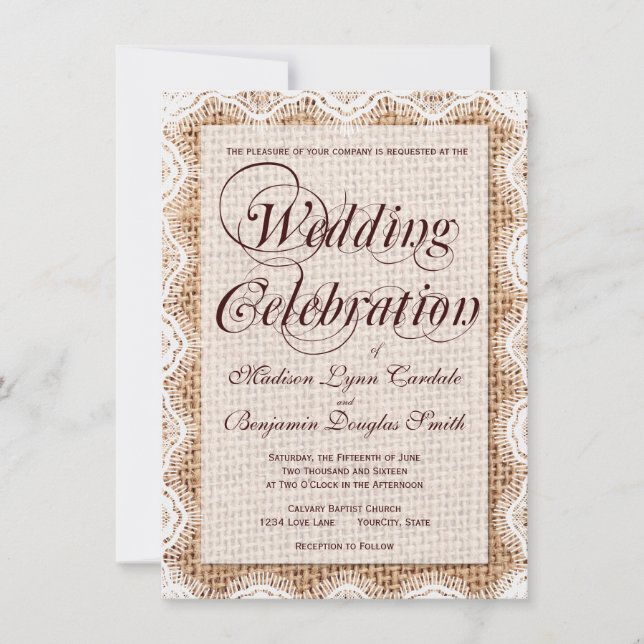 Rustic Burlap Dentelle Mariage Invitations (Devant)