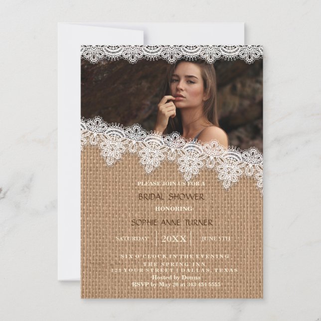 Rustic Burlap Fête des mariées photo Invitation (Devant)