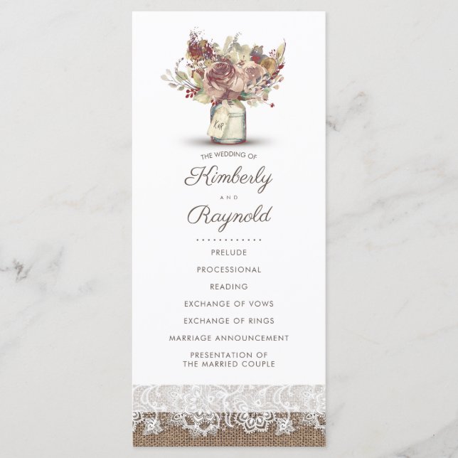 Rustic Burlap Floral Mason Jar WedPrograms Programm (Vorderseite)