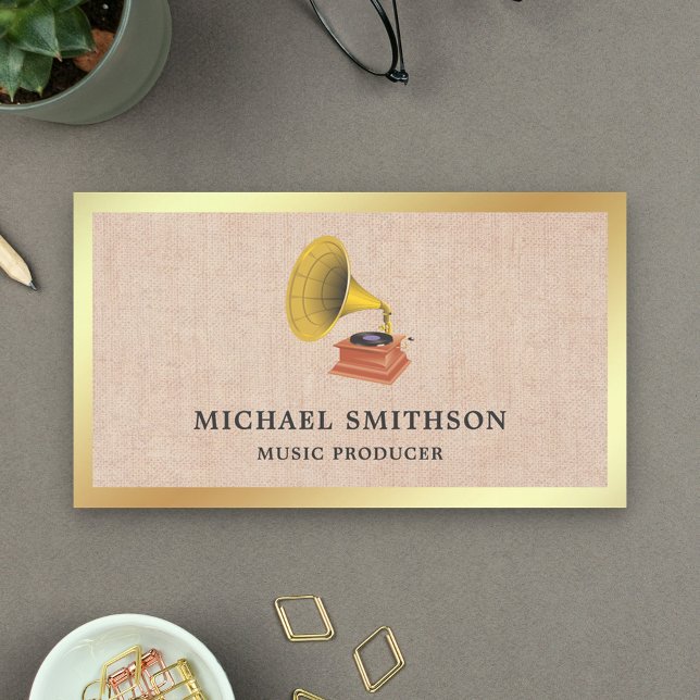 Rustic Burlap Gold Foil Gramophone Music Producer Visitenkarte (Von Creator hochgeladen)