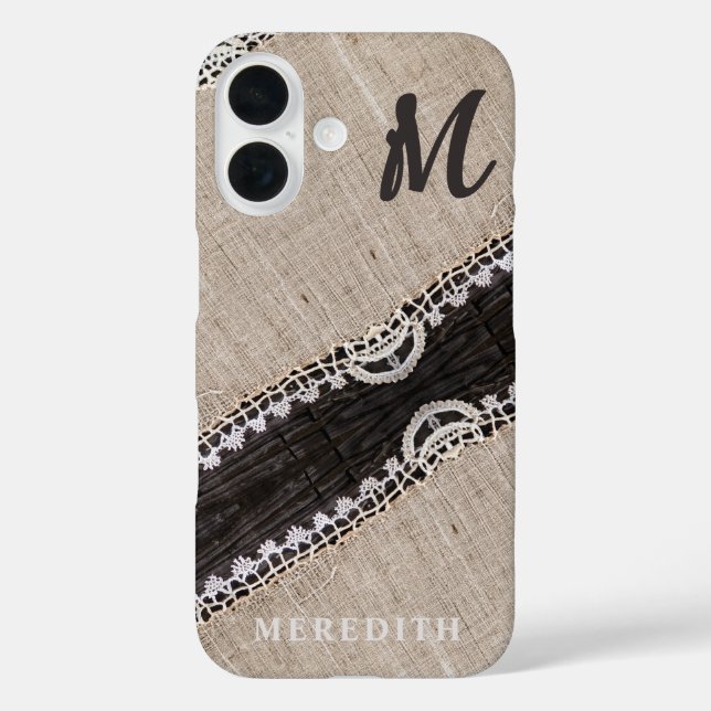 Rustic Burlap Lace Barn Holz Elegance Monogram iPhone 16 Hülle (Rückseite)