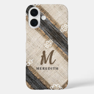Rustic Burlap Lace Barn Holz Elegance Monogram iPhone 16 Hülle
