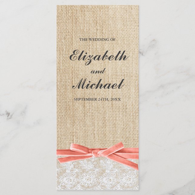 Rustic Burlap Lace Coral Programme de mariage au r (Devant)