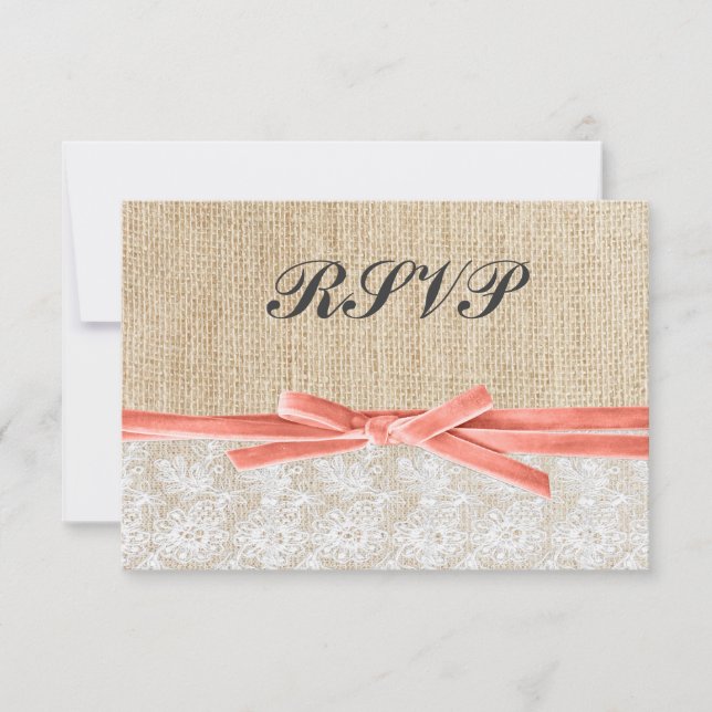 Rustic Burlap Lace Coral Ribbon Wedding RSVP (Vorderseite)