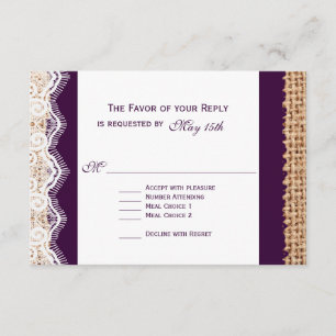 Rustic Burlap Lace Dark Lila Wedding RSVP Card2 Karte