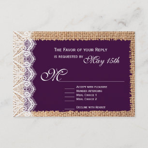 Rustic Burlap Lace Dark Lila Wedding RSVP Cards