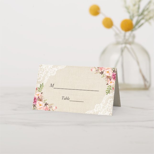 Rustic Burlap Lace Floral Wedding Escort Platzkarte (Vorderseite)