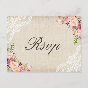 Rustic Burlap Lace Floral Wedding RSVP Einladungspostkarte