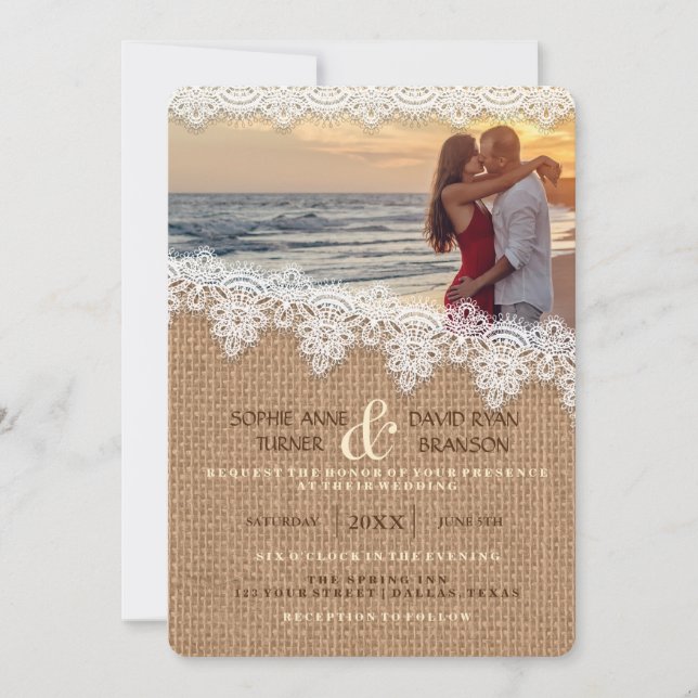 Rustic Burlap Lace Foto Hochzeit Einladung (Vorderseite)