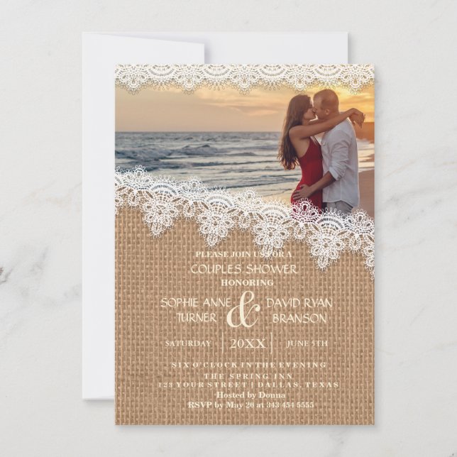 Rustic Burlap Lace Foto Paare Dusche laden ein Einladung (Vorderseite)