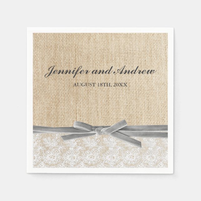 Rustic Burlap Lace Gray Ribbon Wedding Serviette (Vorderseite)