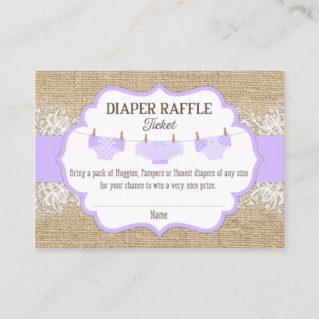 Rustic Burlap Lace Lavender Diaper Raffle Ticket Begleitkarte (Vorderseite)