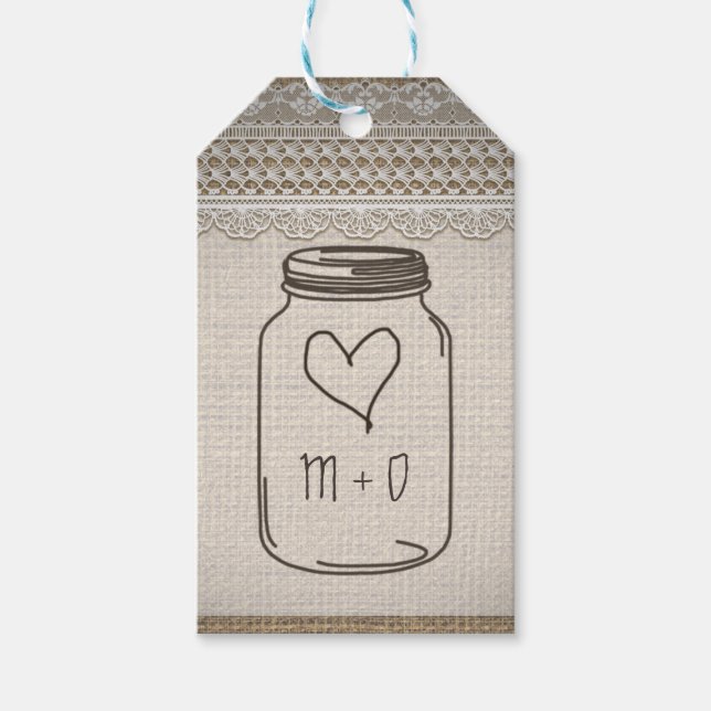 Rustic Burlap Lace Mason Jar Heart Wedding Geschenkanhänger (Vorderseite)
