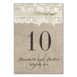 Rustic Burlap Lace Ribbon Wedding Table Card Tischnummer