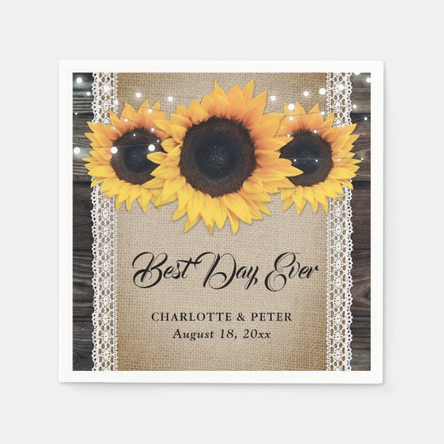 Rustic Burlap Lace Sonnenblumen Hochzeitspapier Na Serviette (Vorderseite)